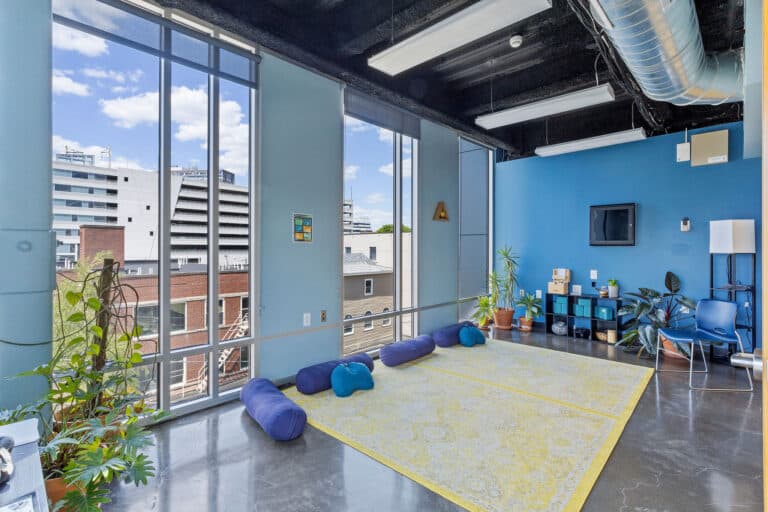 Calm room with large windows, yellow rug, blue cushions, indoor plants, and a view of city buildings outside.